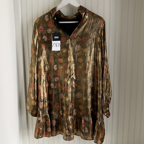 Zara Shiny Floral Print Gold Dress NWT - Picture 9 of 13